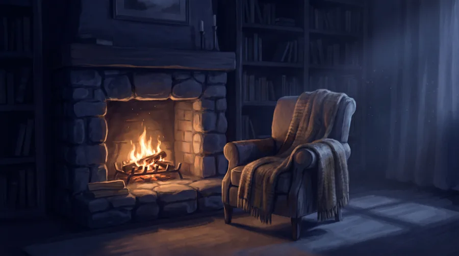 An armchair by a stone fireplace, at night
