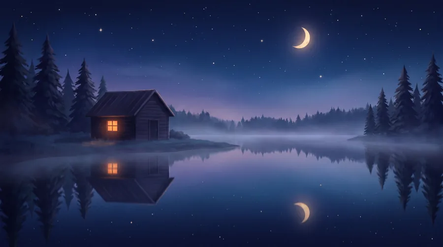 A lit cabin on the shore of a lake under a crescent moon